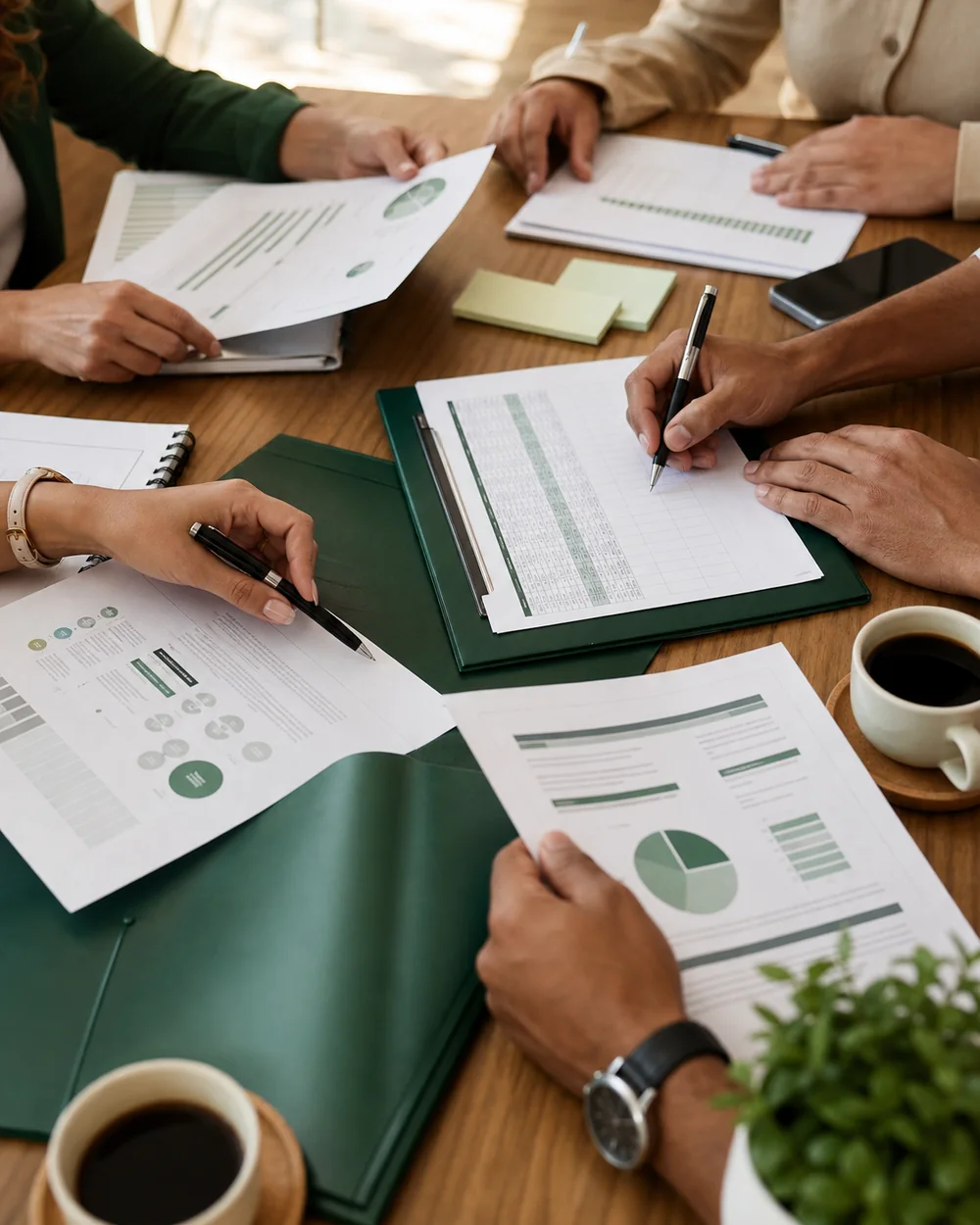 Equipe brasileira analisando resultados de atendimento, liderança e vendas
