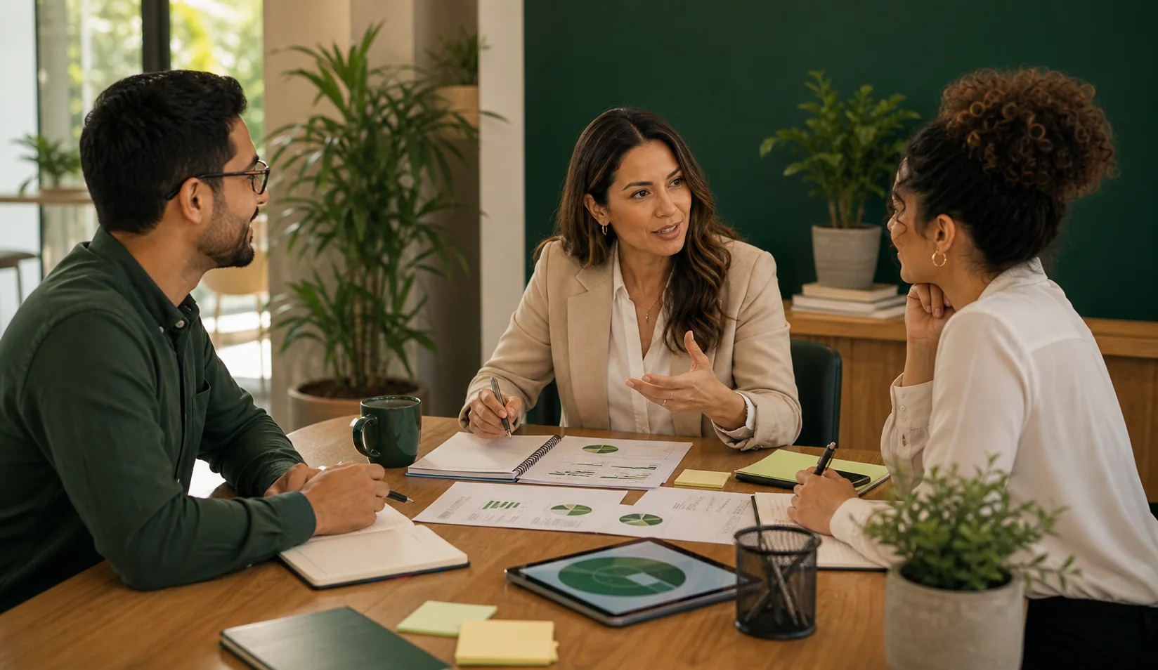 Consultora brasileira de RH conduzindo diagnóstico com gestores em uma empresa